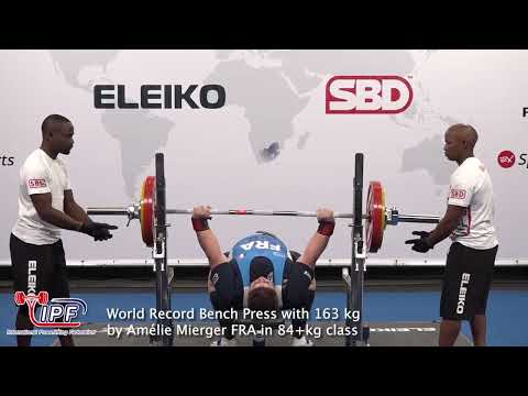World Record Bench Press with 163 kg by Amélie Mierger FRA in 84+kg class