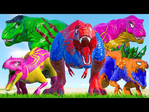 Epic Tyrannosaurus Rex vs Mosasaurus vs Spiderman FIGHTING in Jurassic World Evolution 3