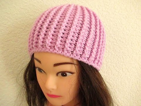 Easy Crochet beanie hat adult teens 20"-22" Rib stitch tutorial - Happy Crochet Club