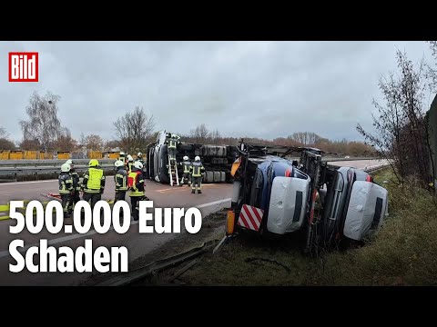 A9 (Brandenburg): Schleuderunfall! Autotransporter verliert Kontrolle und kippt um