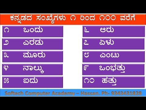 1 to 100 numbers in Kannada (Kannadadha Sankegalu) : by #SOFTECH_COMPUTER_ACADENY_HASSAN,
