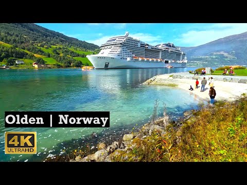 Olden, Norway 4K Walking Tour September 2023 - Cruise Ships "Anthem of the Seas" and "MSC Virtuosa"