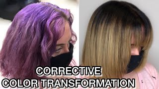 Corrective COLOR TRANSFORMATION going from Purple to Blonde Hair | How to Remove Purple Box Color