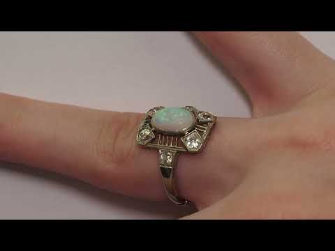 Circa 1900s 18K White Gold Opal and Old Mine Diamond Ring