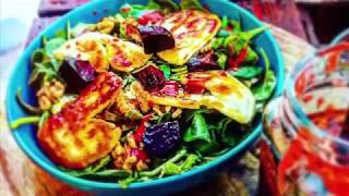 Honey glazed Halloumi Salad with Roasted Beetroot, Walnut & a Raspberry & Balsamic Dressing.