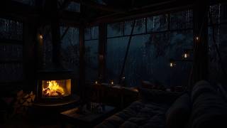 Wooden Cabin in a Rainy Forest | Crackling Fire and Rain Sounds for Deep Relaxation