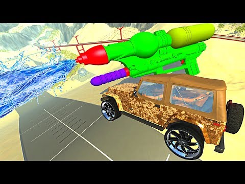 BeamNG.drive - Dirty Cars Jumping through Water (Giant Water Gun)