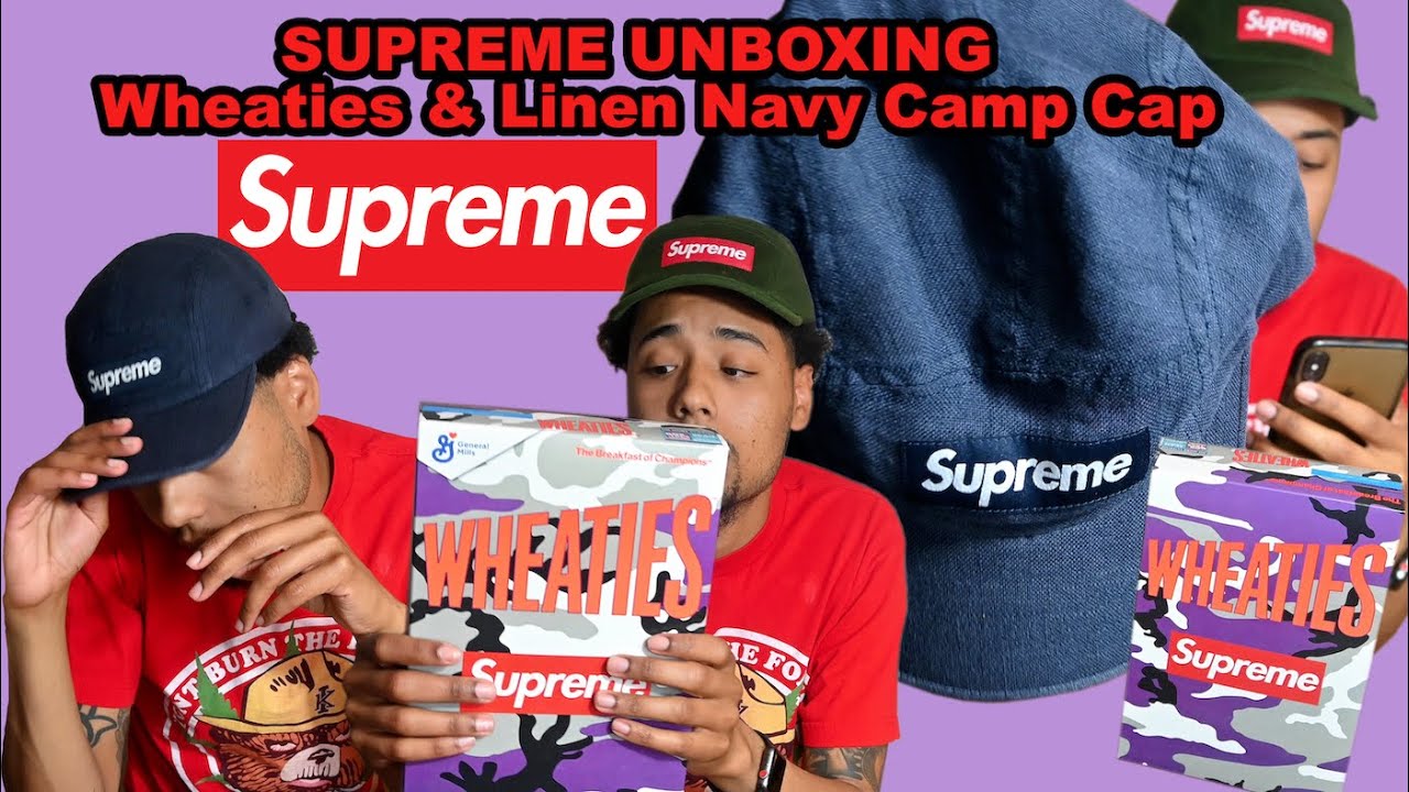 SUPREME Wheaties & Linen Navy Camp Cap - UNBOXING - (I TRIED ON THE LINEN CAMP CAP!!) Detail Zoom Up