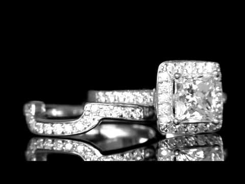 1 9/10 CTW Princess Cut Diamond Halo Engagement Ring & Wedding Band Bridal Set in 14K White Gold