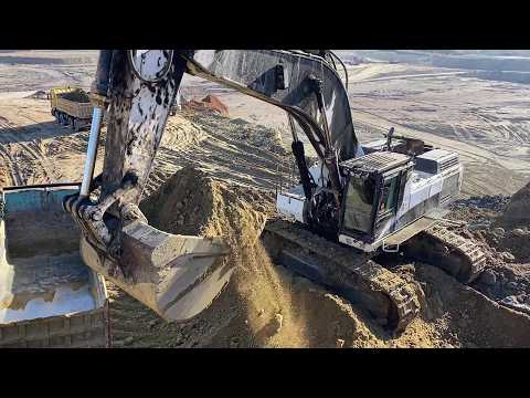 Cat 375 Excavator Loading Soil On 4 Axle Mercedes & MAN Trucks
