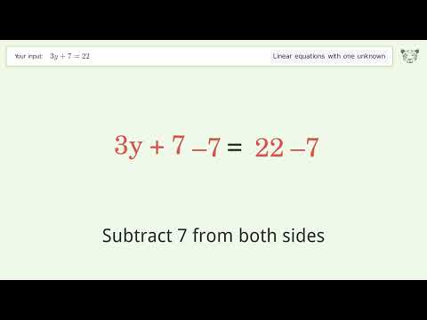 Linear equation with one unknown: Solve 3y+7=22 step-by-step solution