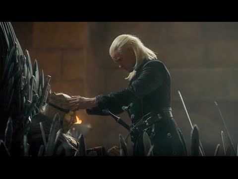 Prince Daemon helps King Viserys up the stairs of the Iron Throne | House Of The Dragon | 1x08