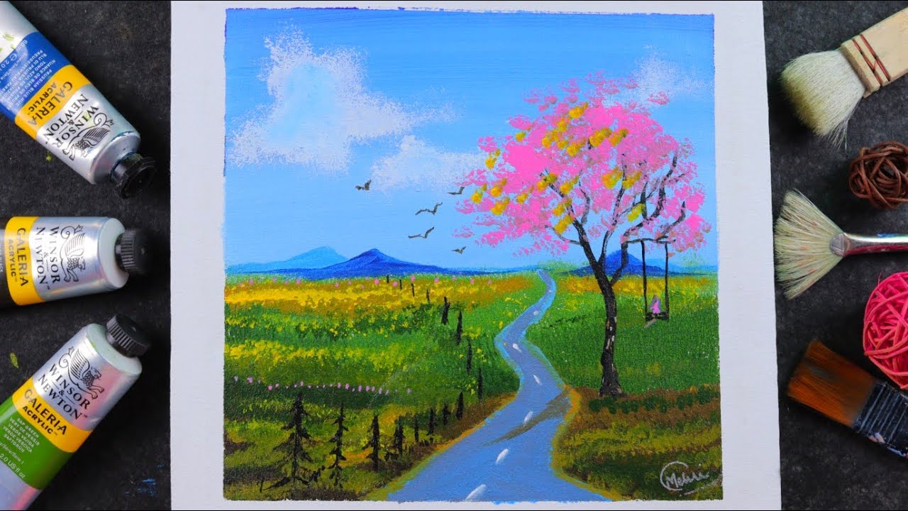 How to make bright spring🌸 |country side painting for beginners ✨