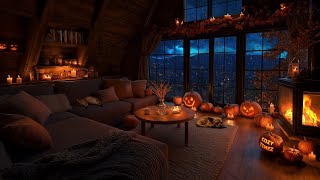 Rainy Autumn Night with Crackling Fireplace | Cozy Halloween Living Room Ambience