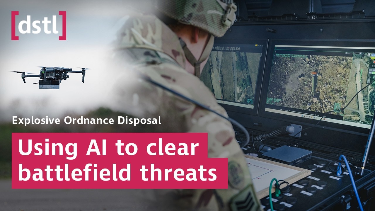 British Army sUAS deploying over a simulated minefield during the Dstl AI-powered explosive ordnance detection trial at Carver Barracks, Essex, March 2026