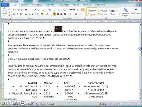 Utilisation des tabulations dans Microsoft Word (Traitement de texte de base)
