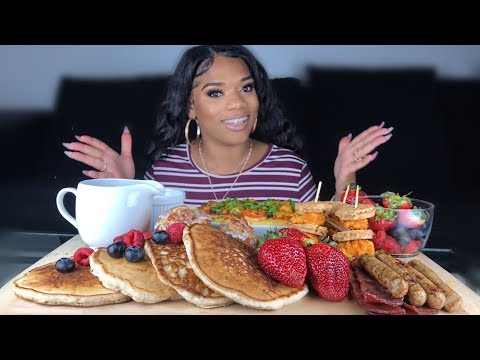 BRUNCH MUKBANG | SHRIMP & GRITS | PANCAKES| CHICKEN &...