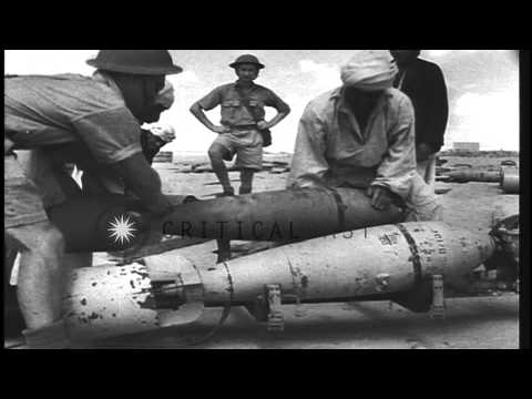 RAF ground crew refuelling and loading  bombs on a 211 Squadron Blenheim in Egypt...HD Stock Footage