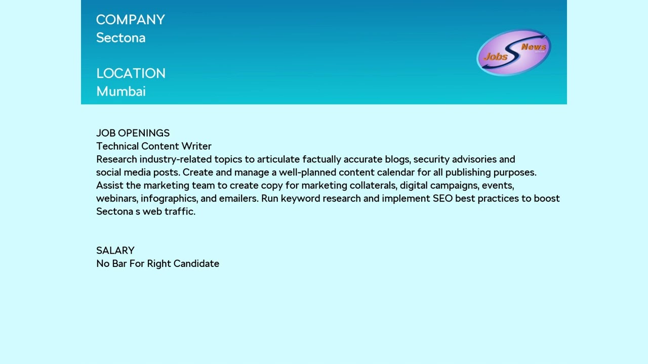 Jobs News ##Sectona #research  #technicalwriting   jobs   Email: jobsnews93@gmail.com