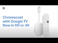 The words "Chromecast with Google TV now in HD or 4K" are spelled out next to a white Chromecast and remote.