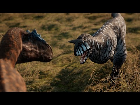 Ein (1) lustiger blauer Carnotaurus gegen Allosaurus Mafia - Pfad der Titanen