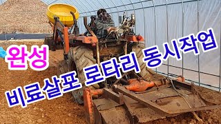 트랙터로 비료살포기 로타리 동시작업 고추심을 비닐하우스에 석회살포  유박 거름 귀농 귀촌 비닐하우스전용