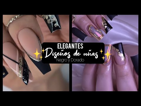 UÑAS TENDENCIA 2024 NEGRAS CON DORADO 💅🏻#diseñosdeuñas #desingnails #moda #tendency #nailsblack