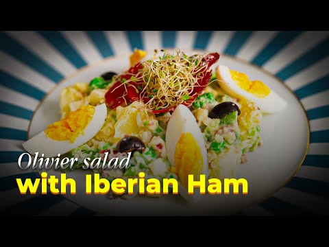 Sensational and fresh Olivier salad with Iberian ham. ASMR