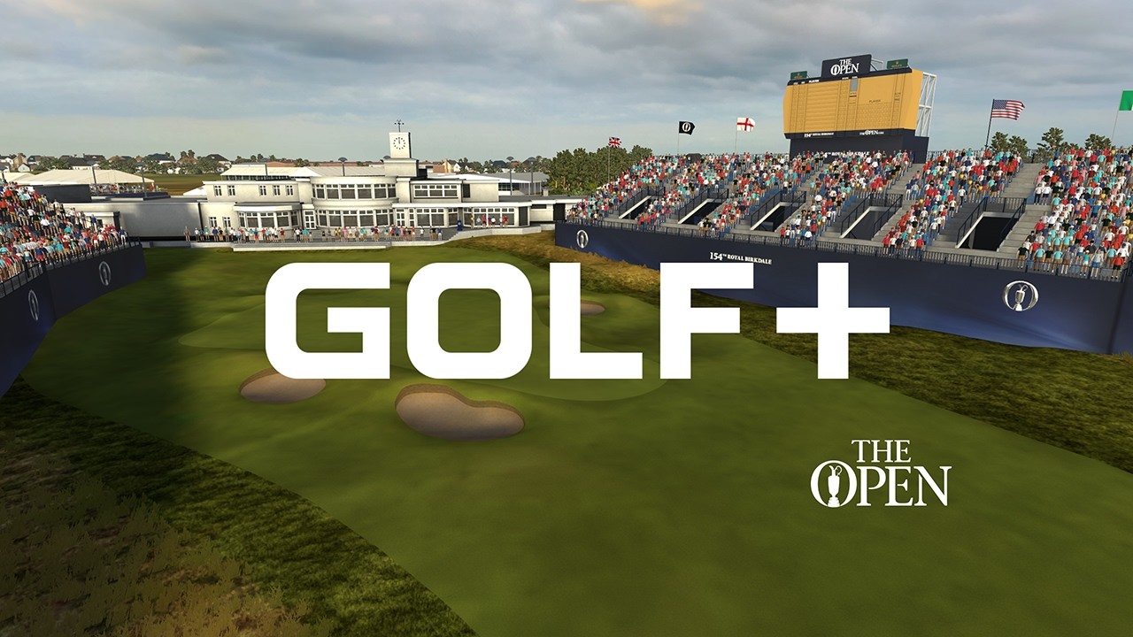 The championship-themed Royal Birkdale course inside GOLF+ VR, with grandstands, spectator stands and The Open branding ringing the 18th green