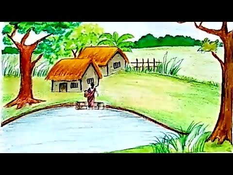 How to Draw a Village scenery step by step | Oil pastel Drawing | Scenery with pond Drawing