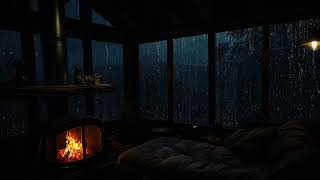 Soft Rain in Cabin Night | Warm Fireplace with Relaxing Rain Sounds to Deep Rest