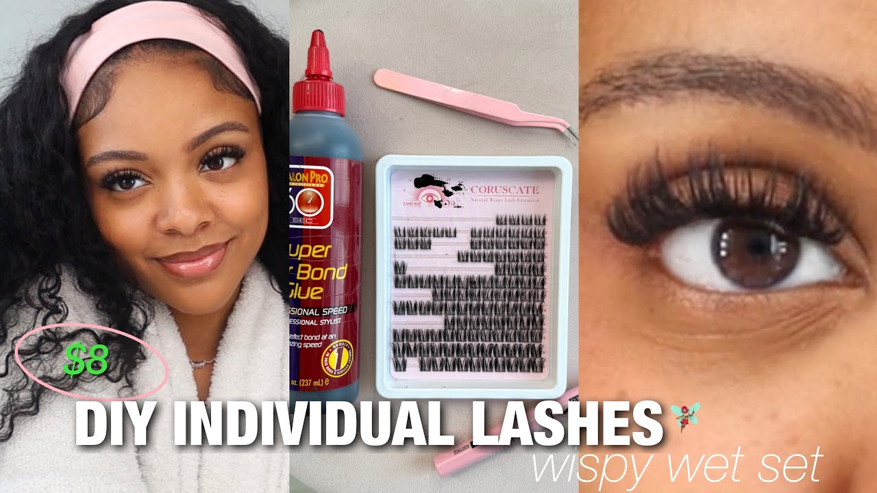 $8 DIY NATURAL CLUSTER EYELASH EXTENSIONS 🦋🎀 (at home) Wispy Hybrid/Wet-Set| EASY BEGINNER FRIENDLY