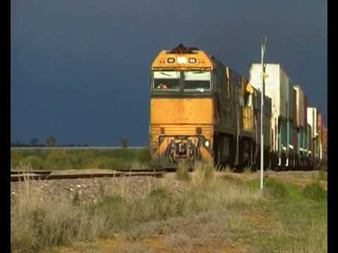Freight trains pass each other,Crystal Brook, Australia.