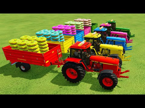 TRANSPORTING DONUTS WITH COLORED JOHN DEERE TRACTORS - Farming Simulator 22