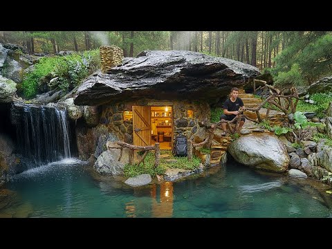Man chisels giant rock to build survival house in the middle of the forest