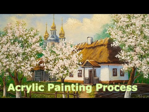 Spring Rural Landscape. Acrylic Painting Process
