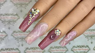 Dusky Pink Marble Acrylic Nail Art Design using Moyra and Gem Crystal Placement - Easy Nail Art