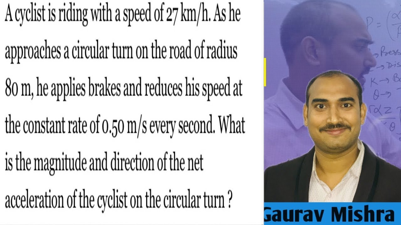 4.31 A cyclist is riding with a speed of 27 km/h.As he approaches circular turn on road of radius 80