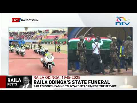 The body of Raila Odinga arrives at Nyayo Stadium for the national funeral service