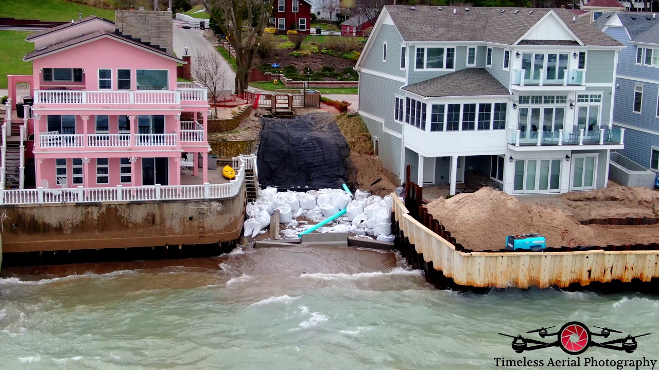 Houses Falling In Long Beach GONE! Seawalls Fail  Big Storm, Erosion 4K Drone footage