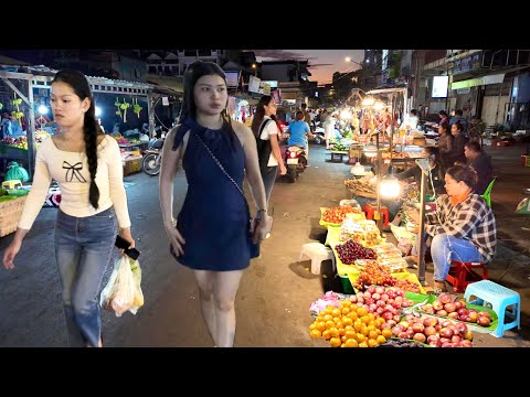 Popular Place! Cambodian Street Food | Walking Tour in Toul Tom Poung Night Market, Phnom Penh City
