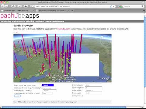 Pachube - Earth Browser, displaying the realtime IoT sensor data values of the search results distributed across the planet