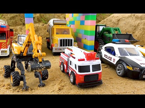 Team fire truck police car and excavator rescue construction vehicle toy - Bibo toys