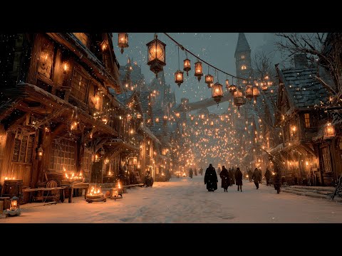 Medieval Winter Village at Christmas | Fantasy Music, Warm Lantern Lights & Snow Ambience