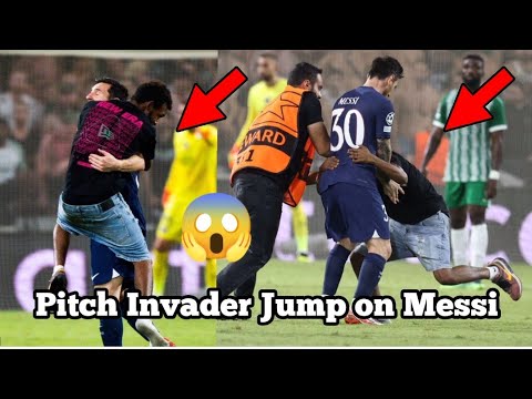 Pitch Invader Jumps on Messi he ran on the pitch in PSG Vs Maccabi Haifa Match, Almost Injured Messi