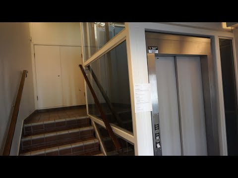 Reber Schindler (DEVE) holeless hydraulic elevator in glass shaft @ Grønnegata 83, Tromsø, Norway