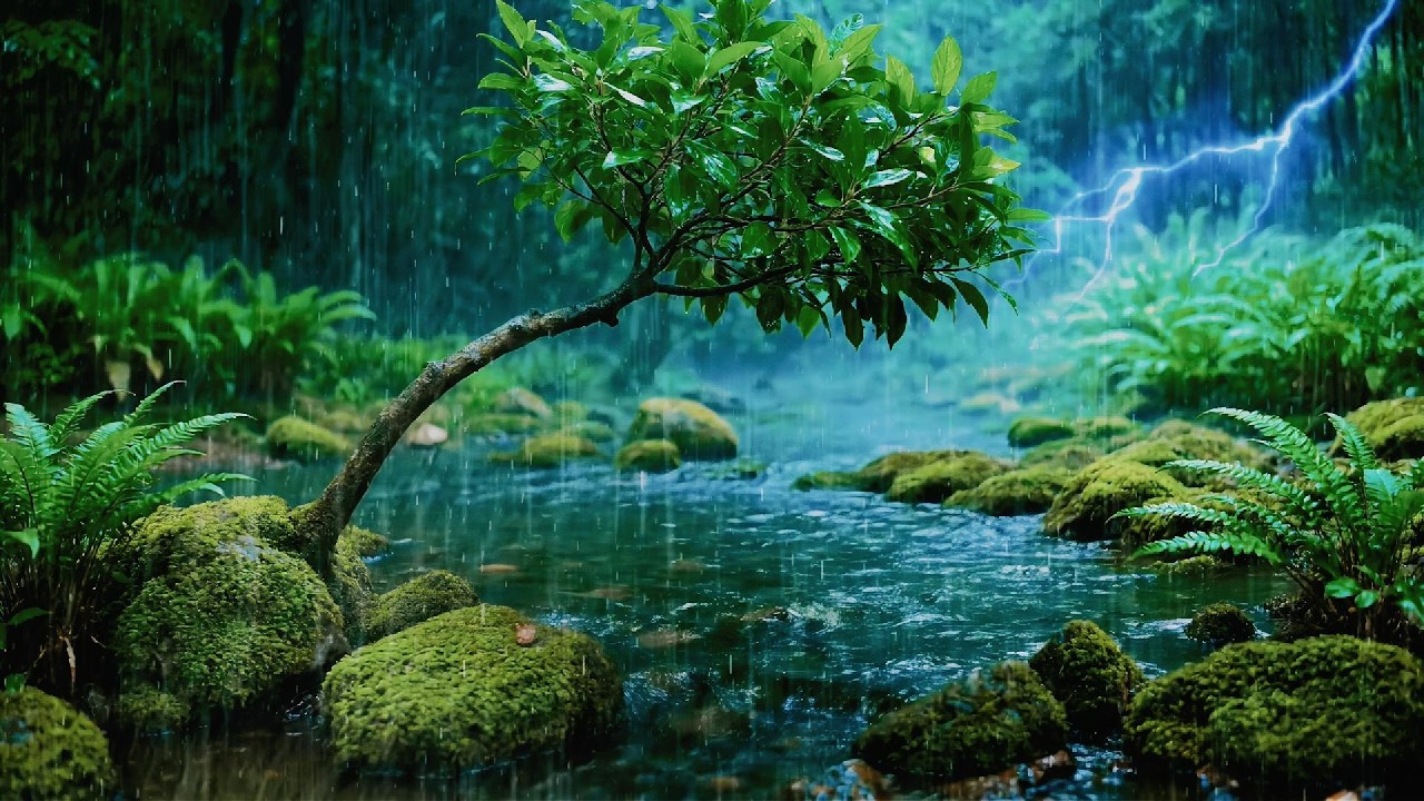 No Ads. Soothing Rain on Flowing Stream & Gentle Wind in Forest |ASMR Rain Sound in Nature -Relaxing