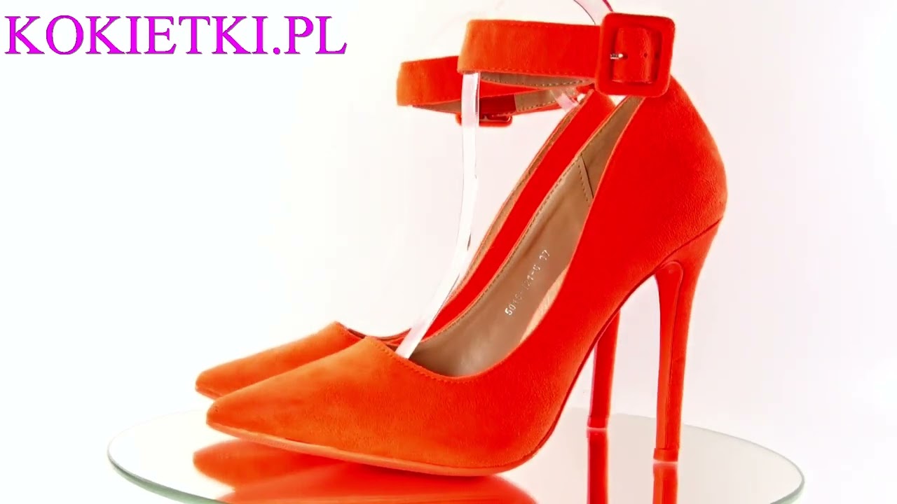 Pomarańczowe neonowe szpilki z paskiem w kostce 5585