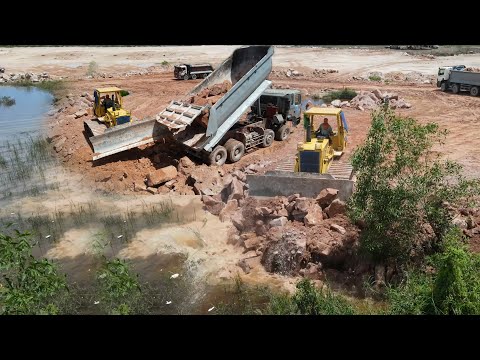 Part.43| Excellent Unloading Landfill By Komatsu Dozers And Dumpe Trucks Operated Pushing Stone &..