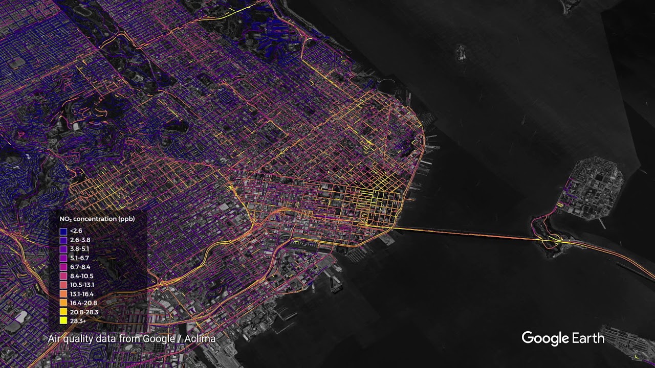 Air quality measurements in the San Francisco Bay Area region (TerraMetrics, Data CSUMB SFML, CA OPC, Data SIO, NOAA, U.S. Navy, NGA, GEBCO, Data LDEO-Columbia, NSF, Data MBARI, Landsat / Copernicus)